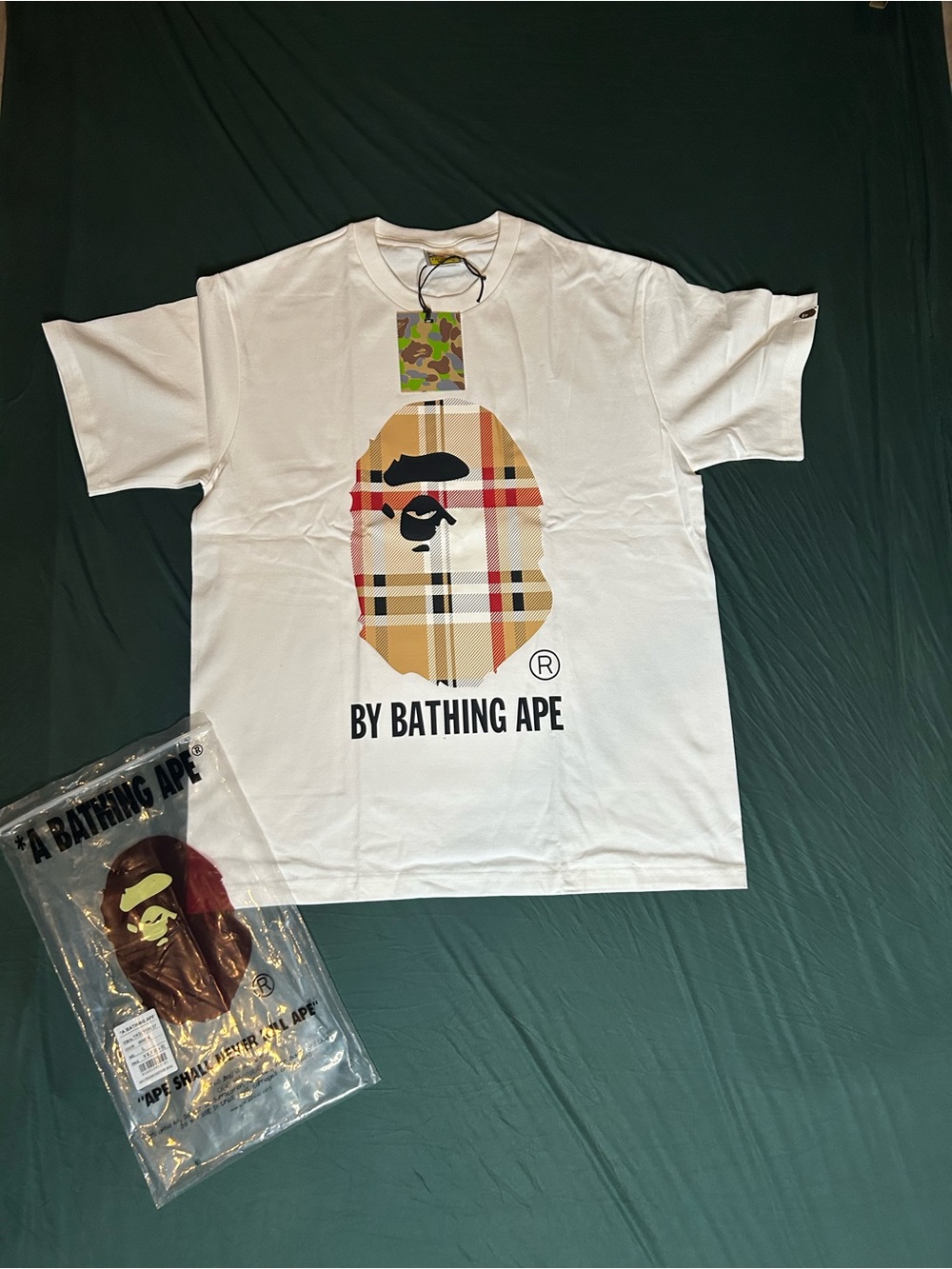 Bape White Short Sleeve Tee with Beige Plaid Ape Head